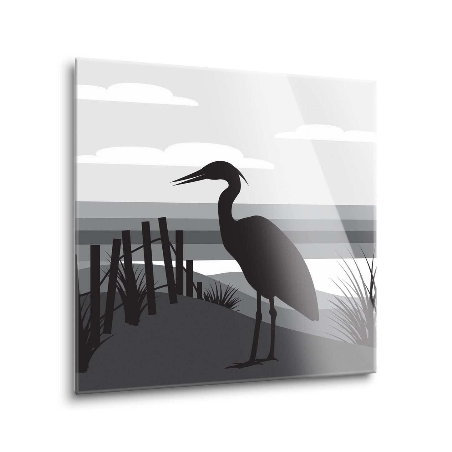 Minimalistic B&W Cape Cod Heron Illustration | Hi-Def Glass Art | Eaches | Min 2