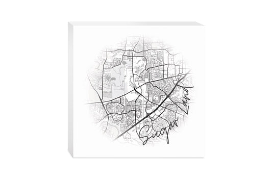 Minimalistic B&W Texas Sugarland Circle Map | Wood Block | Eaches | Min 2