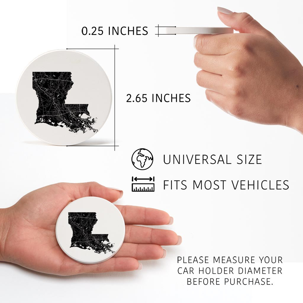 Modern Louisiana State Shape With Map | Absorbent Car Coasters | Set of 2 | Min 4