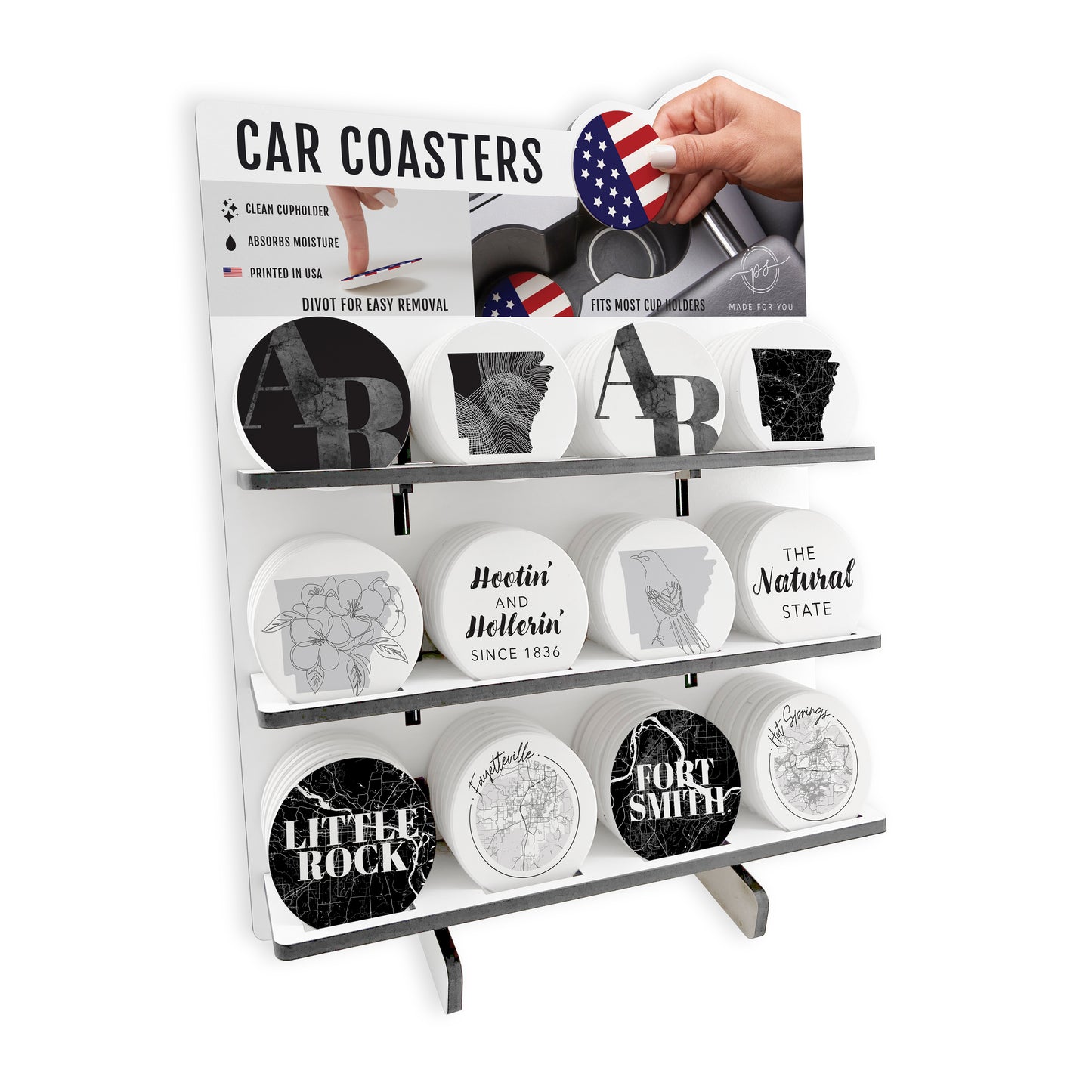 B&W Minimalist Arkansas Car Coaster Loaded Display POP Min of 1