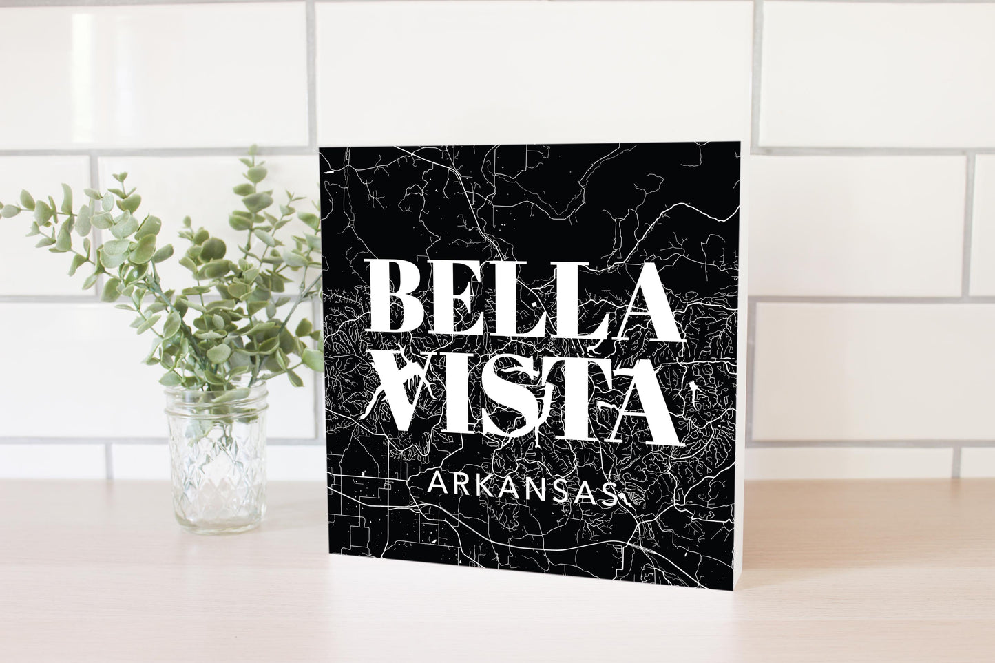 Minimalist B&W Arkansas Bella Vista Map State | Wood Block | Eaches | Min 2