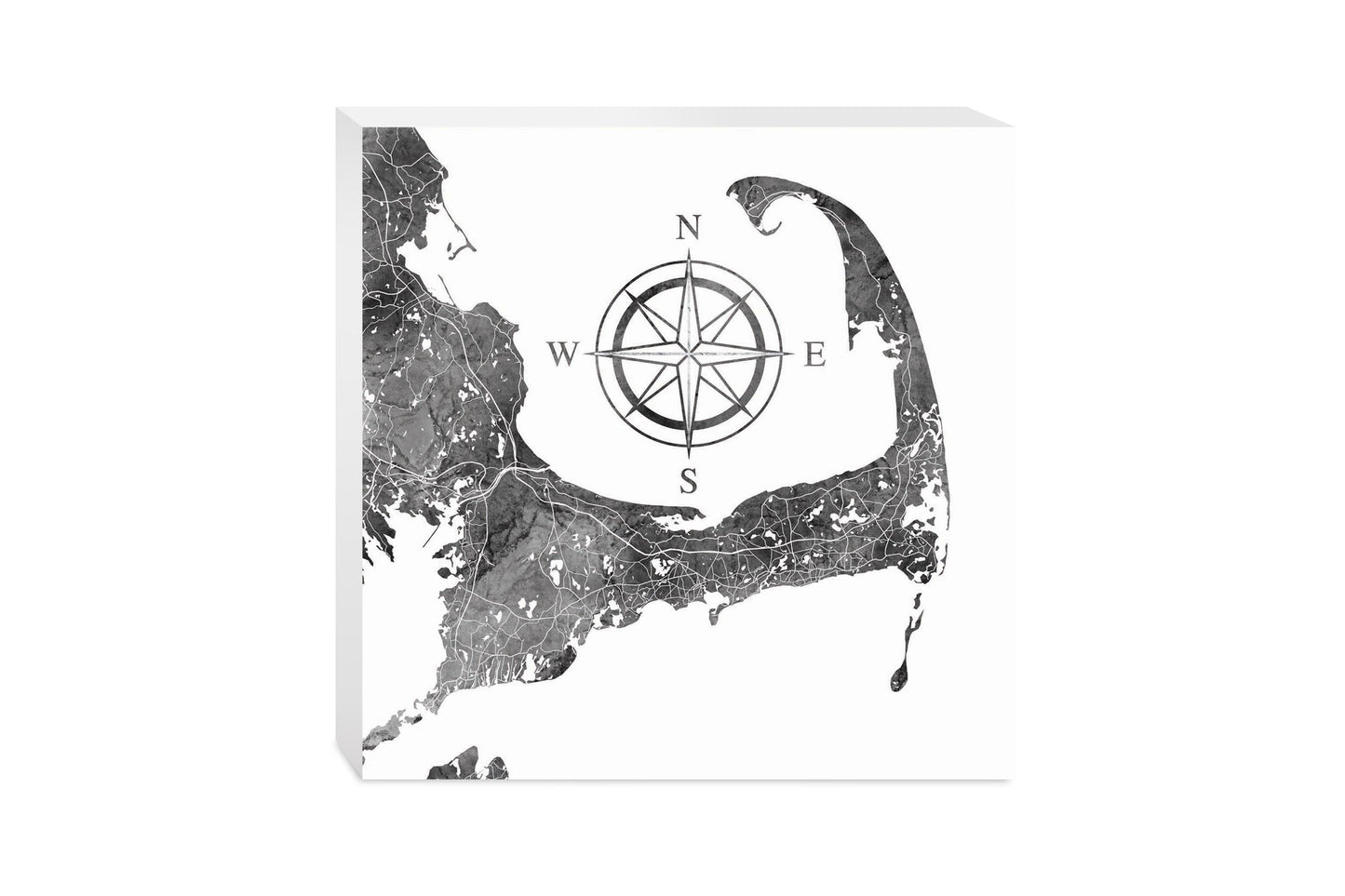 Minimalistic B&W Cape Cod Map With Compass | Wood Block | Eaches | Min 2