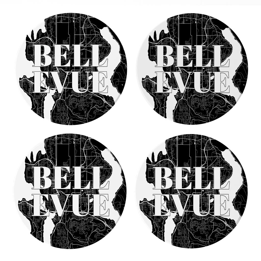 Minimalistic B&W Washington Bellevue Map | Absorbent Coasters | Set of 4 | Min 2