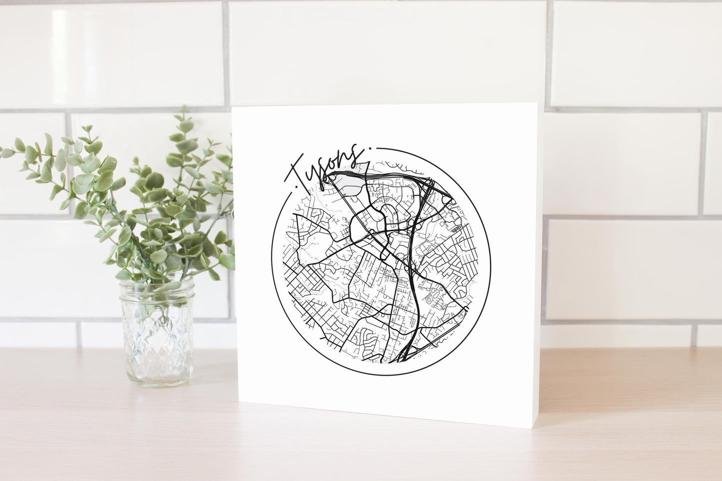 Minimalistic B&W Virginia Tysons Circle Map | Wood Block | Eaches | Min 2