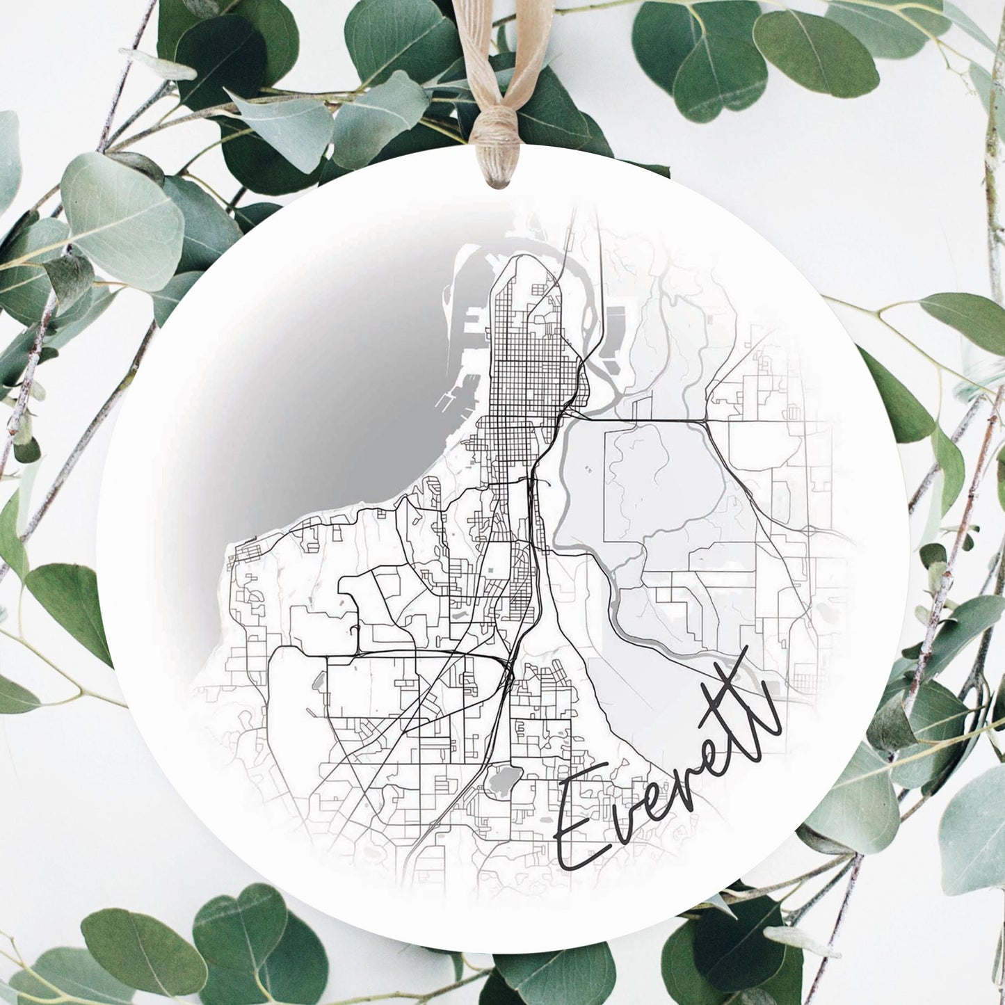 Minimalistic B&W Washington Everett Circle Map | Wood Ornament | Eaches | Min 1