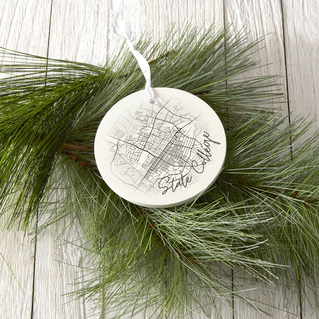 Minimalistic B&W Pennsylvania State College Circle Map | Wood Ornament | Eaches | Min 6
