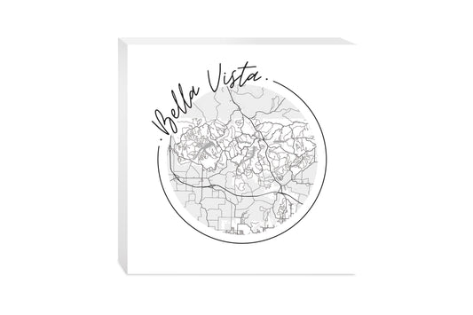 Minimalist B&W Arkansas Bella Vista Circle Map | Wood Block | Eaches | Min 2