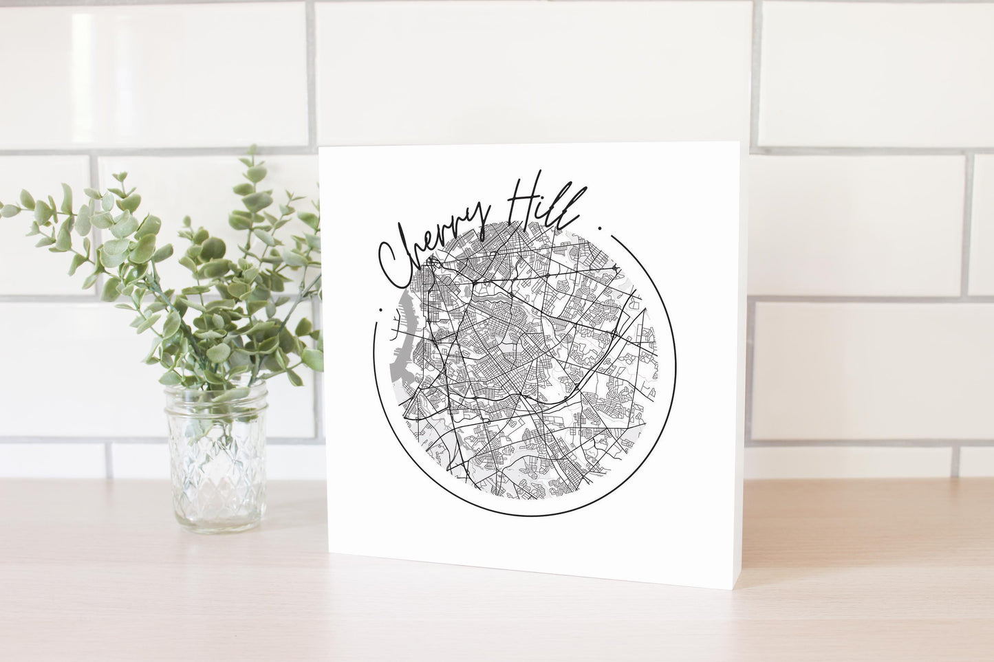 Minimalistic B&W New Jersey Cherry Hill Circle Map | Wood Block | Eaches | Min 2