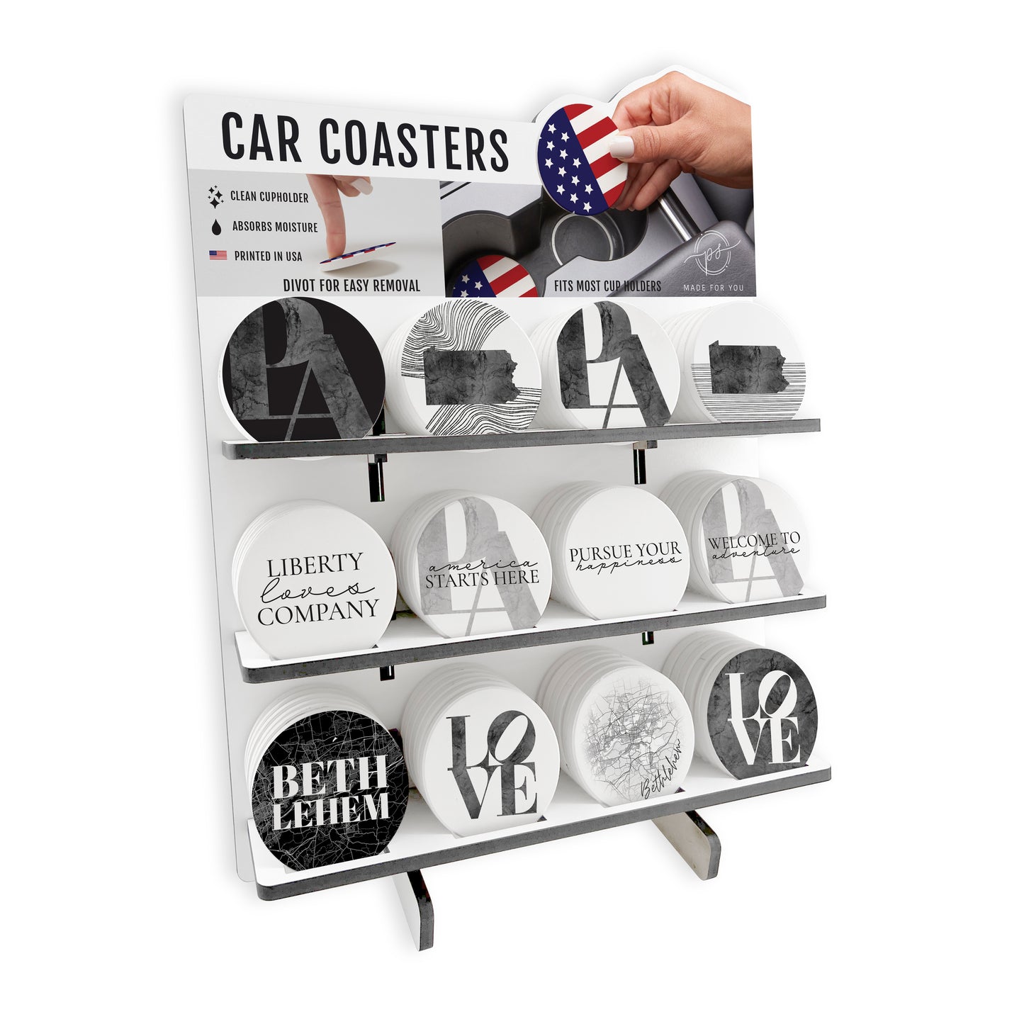 Minimalistic B&W Pennsylvania Bethlehem Car Ceramic Coaster Loaded Display POP Min of 1