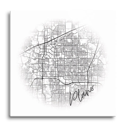 Minimalistic B&W Texas Plano Circle Map | Hi-Def Glass Art | Eaches | Min 1