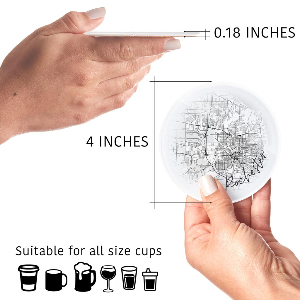 Minimalistic B&W New York Rochester Faded Circle Map | Hi-Def Glass Coasters | Set of 4 | Min 2