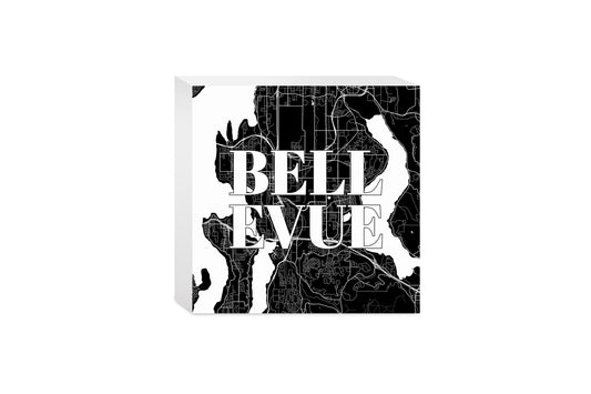 Minimalistic B&W Washington Bellevue Map | Wood Block | Eaches | Min 4