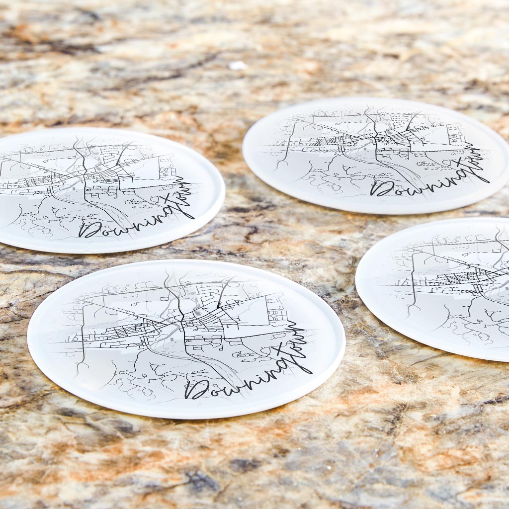 Minimalistic B&W Pennsylvania Downingtown Circle Map | Hi-Def Glass Coasters | Set of 4 | Min 2