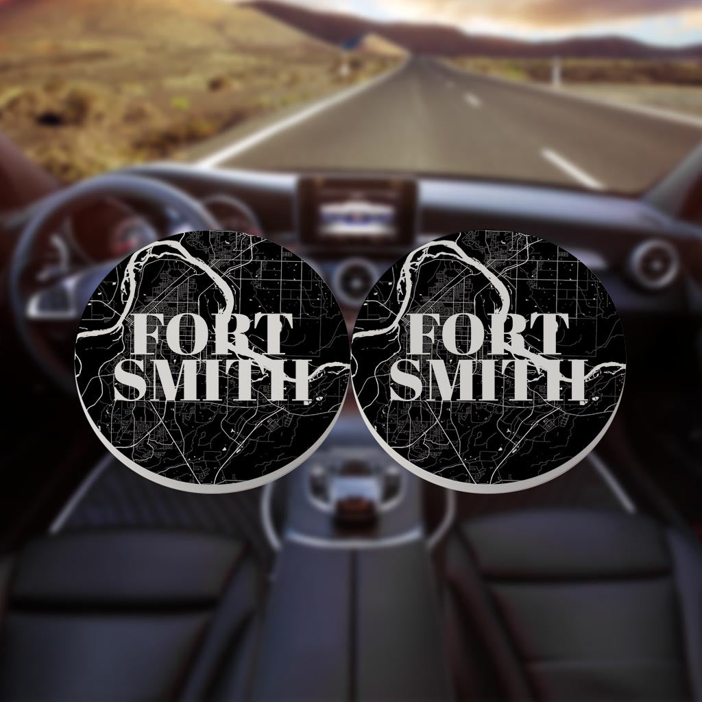 B&W Minimalist Arkansas Fort Smith Map | Absorbent Car Coasters | Set of 2 | Min 4
