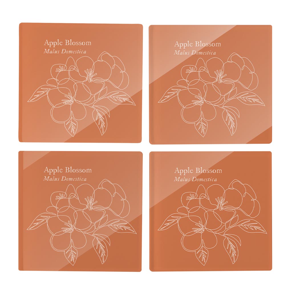 Modern Minimalist Arkansas Single Line Apple Blossoms | Hi-Def Glass Coasters | Set of 4 | Min 2
