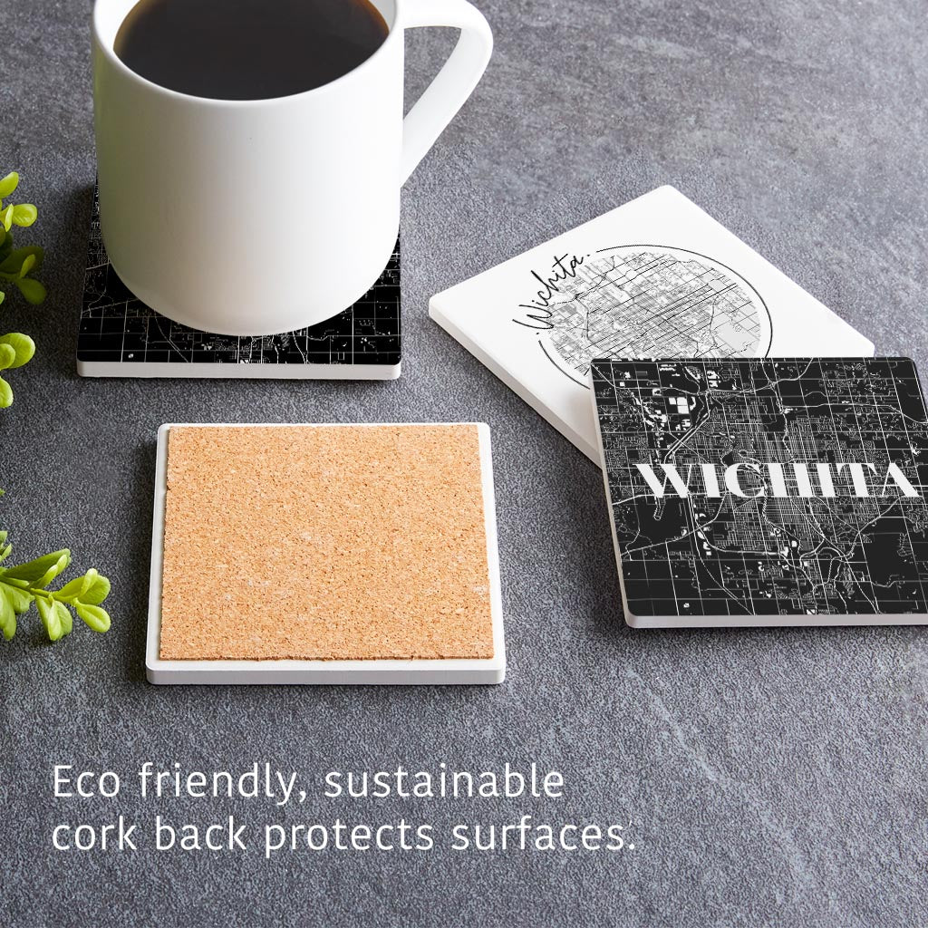 Minimalist B&W Kansas Wichita Maps | Absorbent Coasters | Set of 4 | Min 2