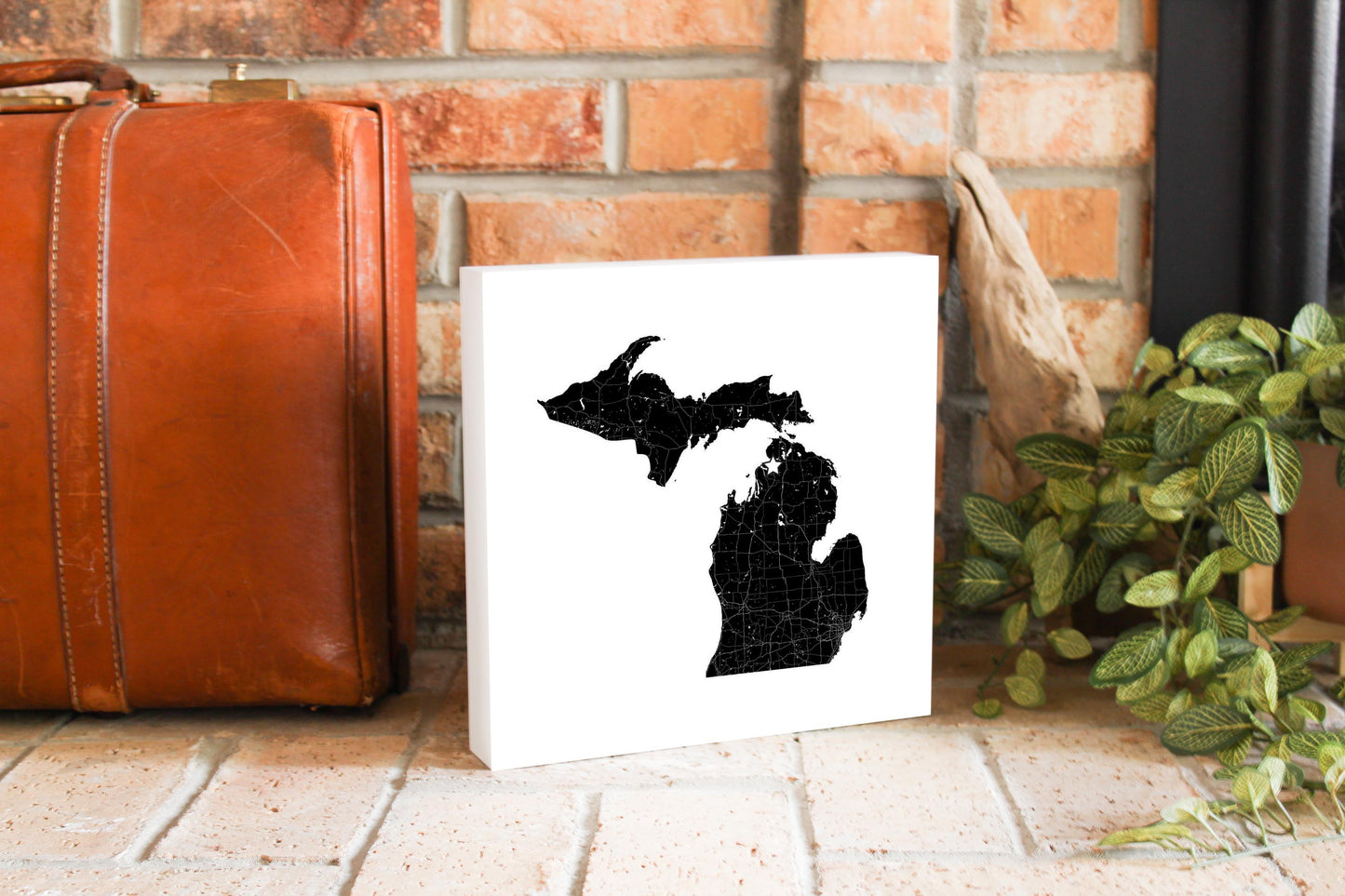 Minimalistic B&W Michigan Map Petoskey Star | Wood Block | Eaches | Min 2