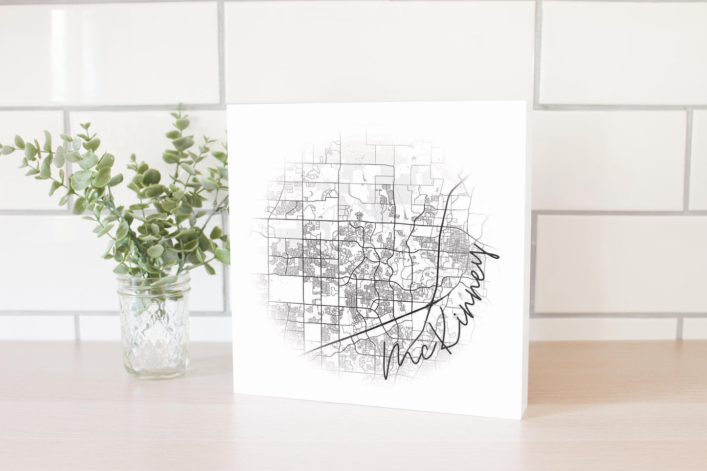 Minimalistic B&W Texas Mckinney Circle Map | Wood Block | Eaches | Min 2