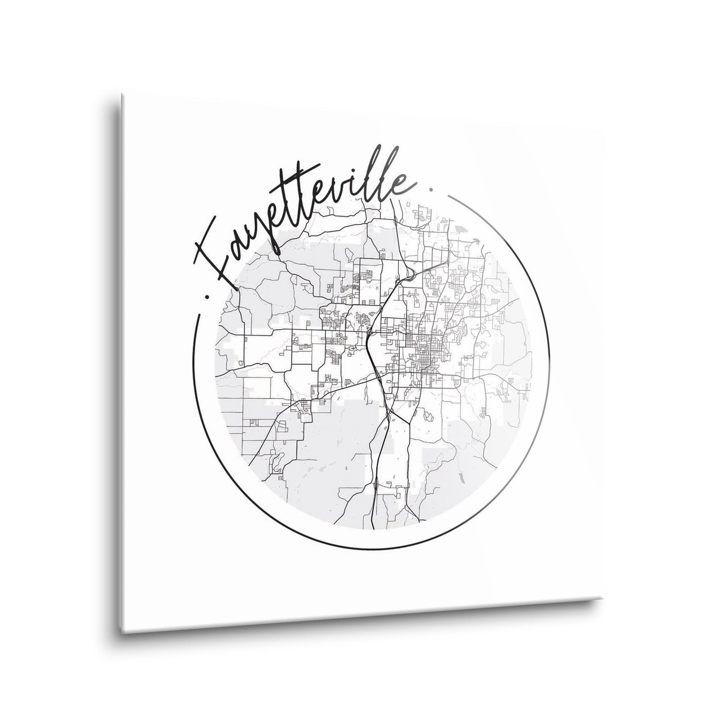 B&W Minimalist Arkansas Fayetteville Circle Map | Hi-Def Glass Art | Eaches | Min 2