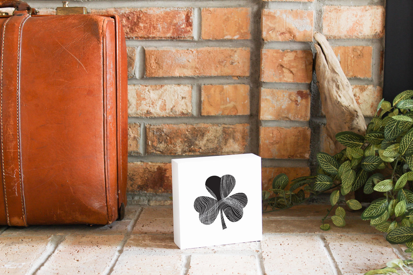 Minimalistic B&W Shamrock Shape Fluid Lines | Wood Block | Eaches | Min 4