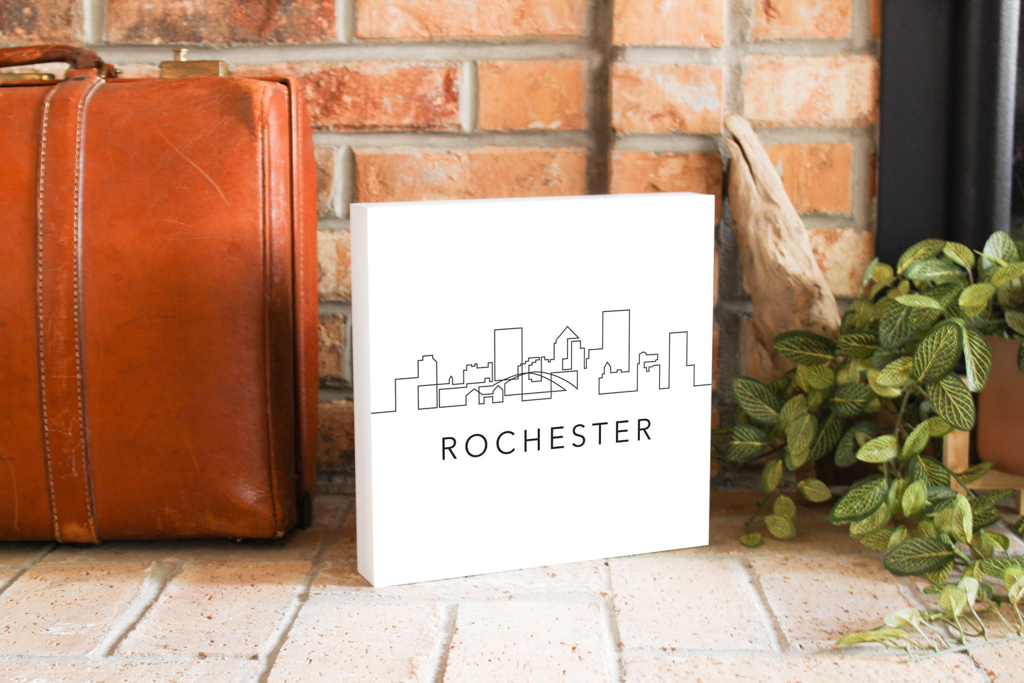 Minimalistic B&W New York Rochester Skyline | Wood Block | Eaches | Min 2