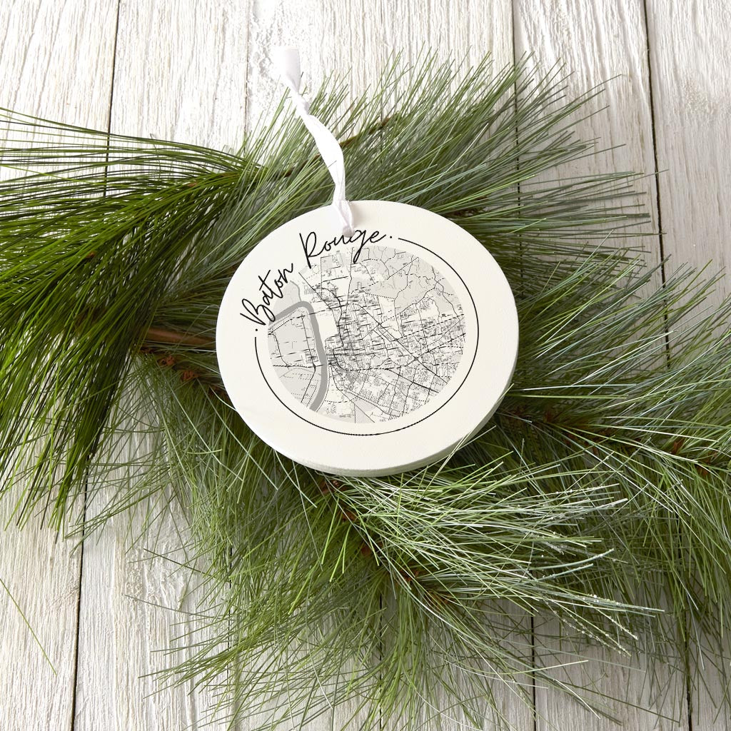 Minimalist B&W Louisiana Baton Rouge Circle Map | Wood Ornament | Eaches | Min 6