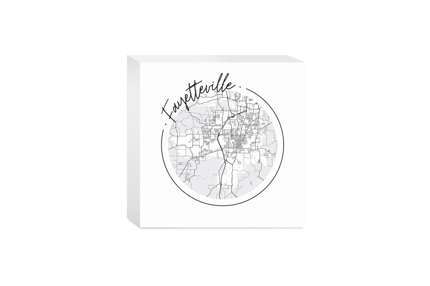 B&W Minimalist Arkansas Fayetteville Circle Map | Wood Block | Eaches | Min 4