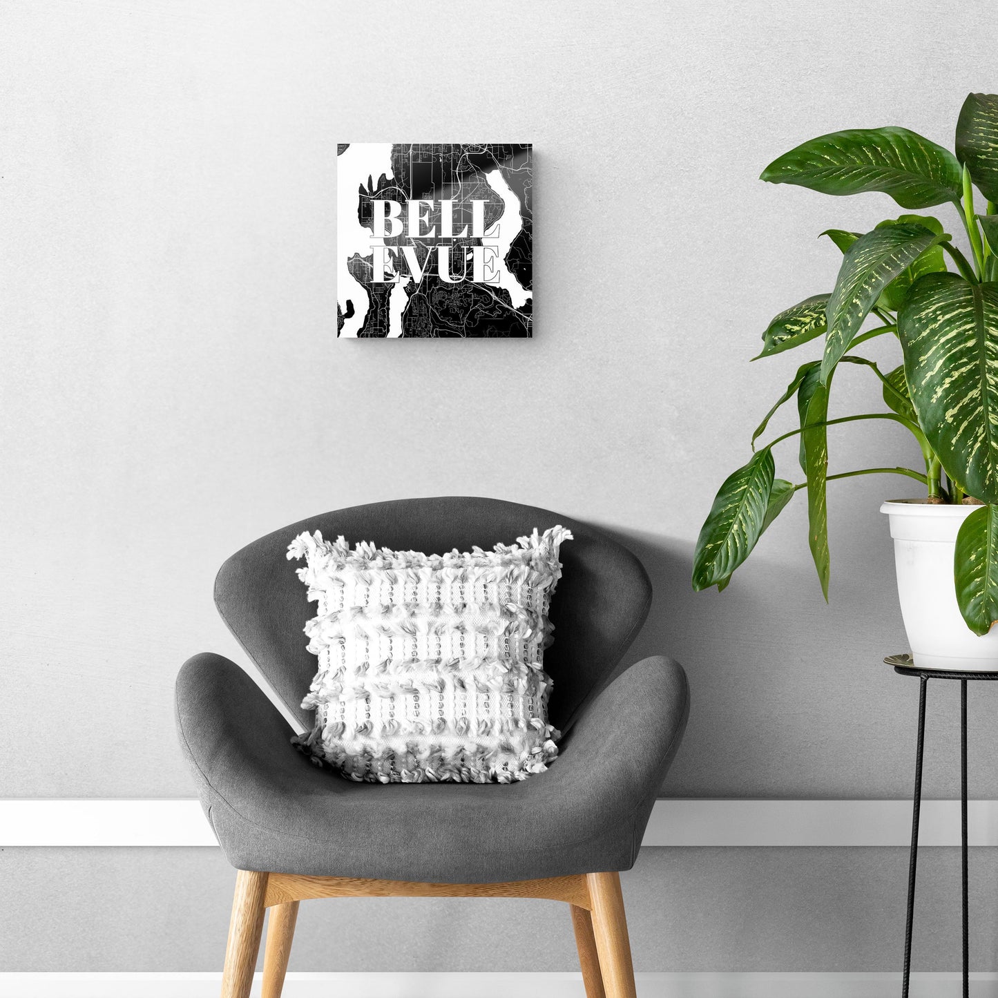 Minimalistic B&W Washington Bellevue Map | Hi-Def Glass Art | Eaches | Min 1