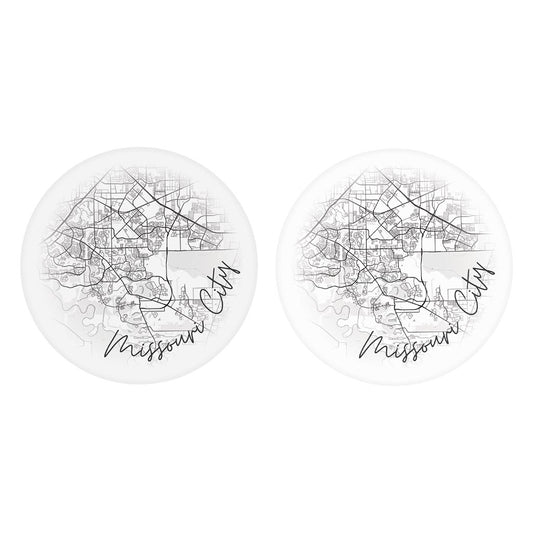 Minimalistic B&W Texas Missouri City Circle Map| Absorbent Car Coasters | Set of 2 | Min 4