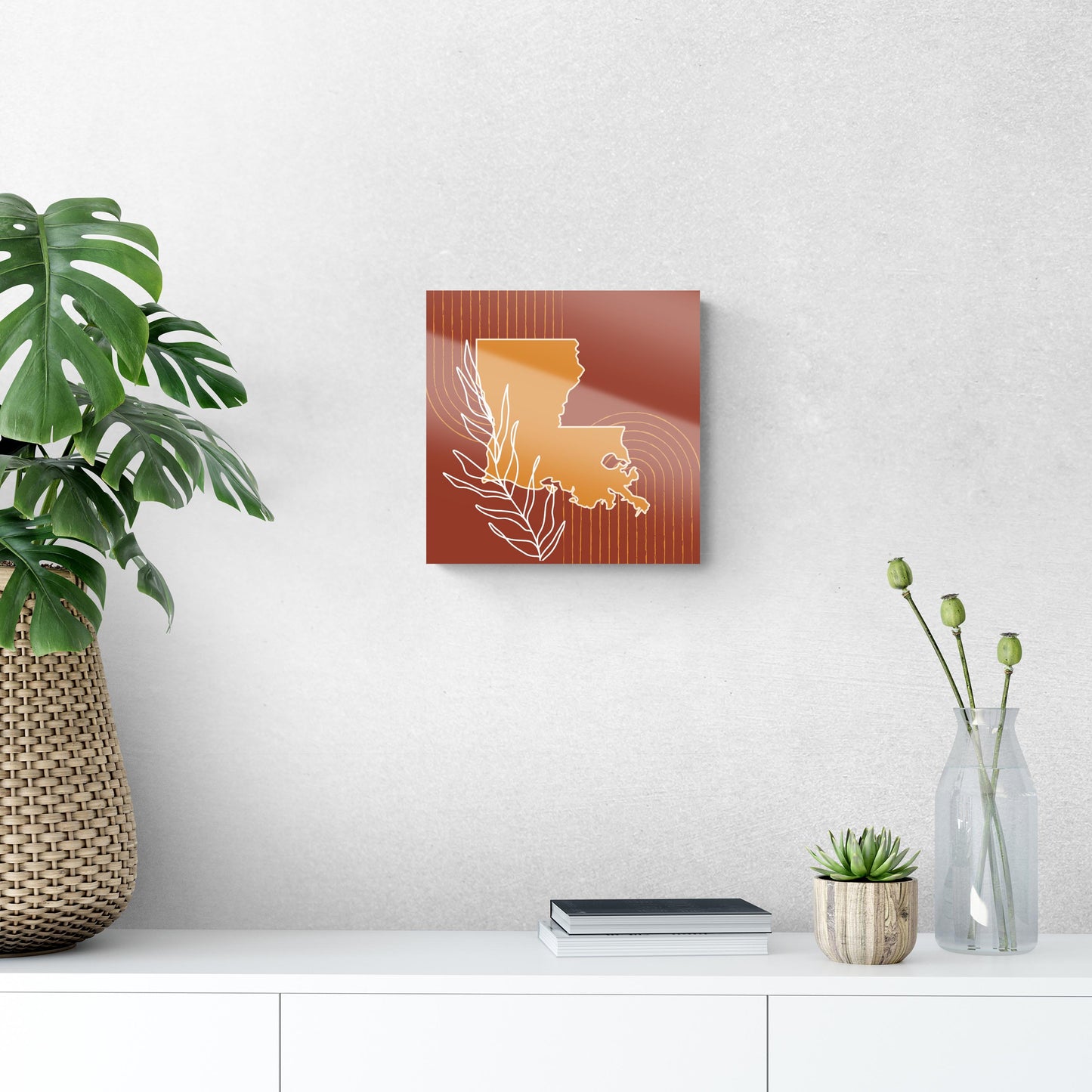 Modern Minimalist Louisiana State Shape With Leaf | Hi-Def Glass Art | Eaches | Min 1