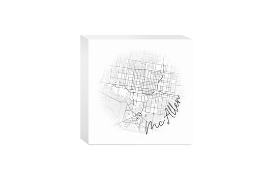 Minimalistic B&W Texas Mcallen Circle Map | Wood Block | Eaches | Min 4