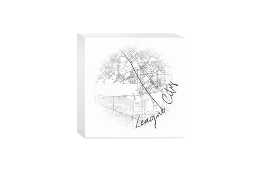 Minimalistic B&W Texas League City Circle Map | Wood Block | Eaches | Min 4