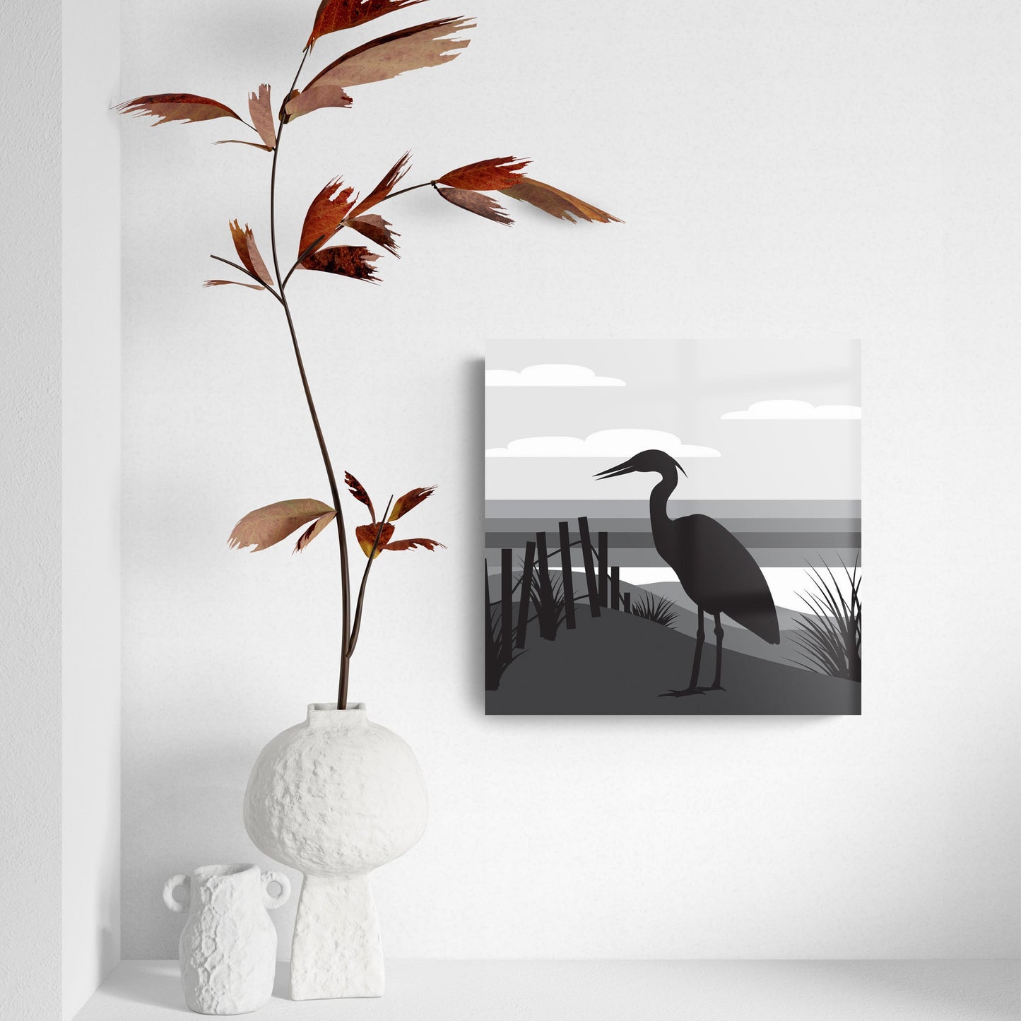 Minimalistic B&W Cape Cod Heron Illustration | Hi-Def Glass Art | Eaches | Min 2