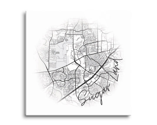 Minimalistic B&W Texas Sugarland Circle Map | Hi-Def Glass Art | Eaches | Min 2