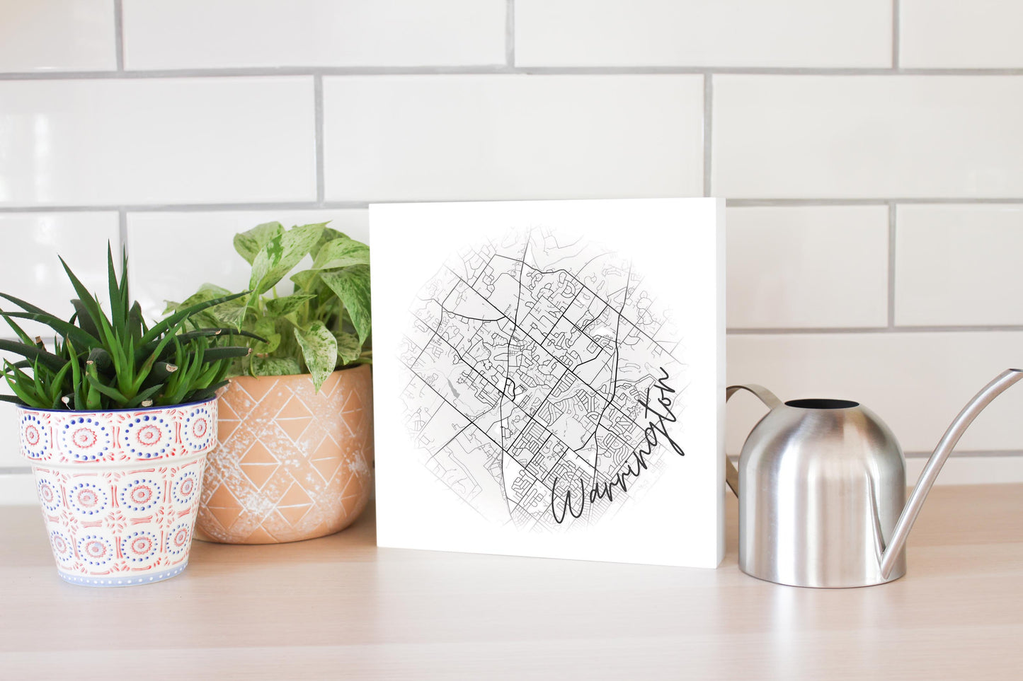 Minimalistic B&W Pennsylvania Warrington Circle Map | Wood Block | Eaches | Min 2