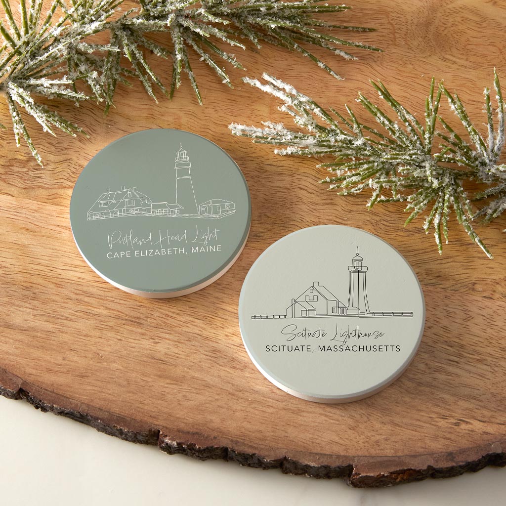 New England Lighthouses Muted Coastal | Absorbent Car Coasters | Set of 2 | Min 4