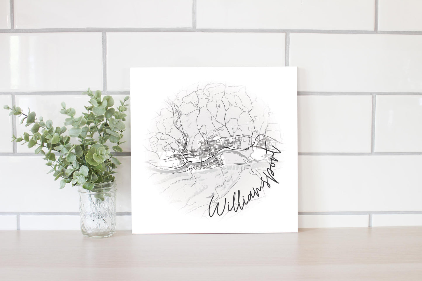 Minimalistic B&W Pennsylvania Williamsport Circle Map | Wood Sign | Eaches | Min 2