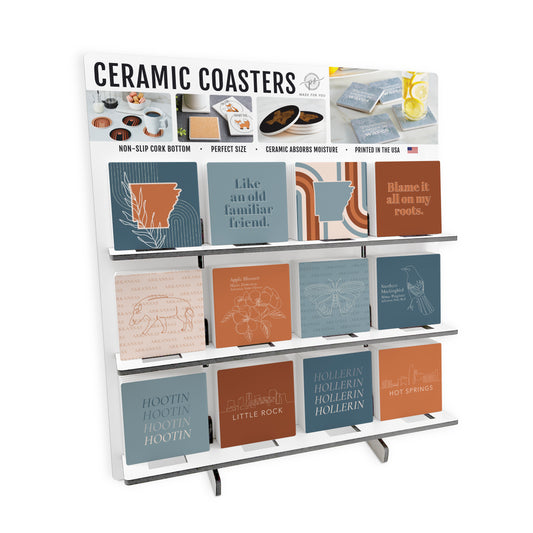 Modern Minimalist Arkansas Ceramic Square Coaster Loaded Display POP Min of 1
