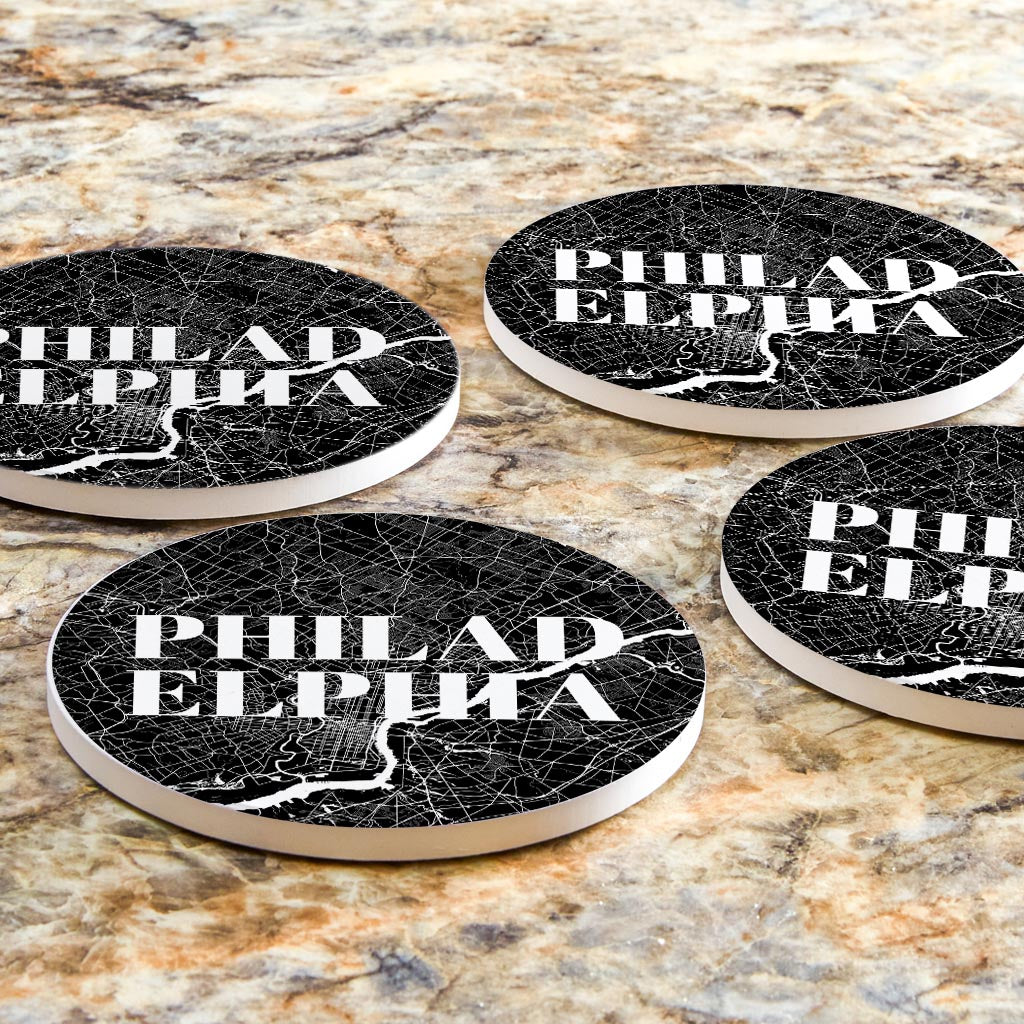 Minimalistic B&W Pennsylvania Philadelphia Map | Absorbent Coasters | Set of 4 | Min 2