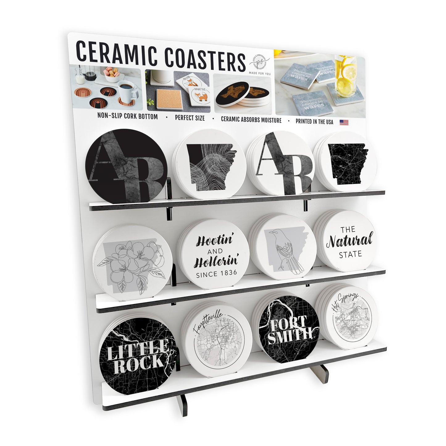 B&W Minimalist Arkansas Ceramic Circle Coaster Loaded Display POP Min of 1