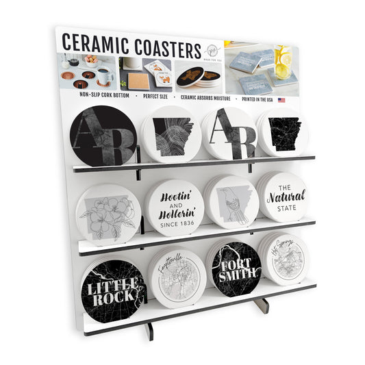 B&W Minimalist Arkansas Ceramic Circle Coaster Loaded Display POP Min of 1