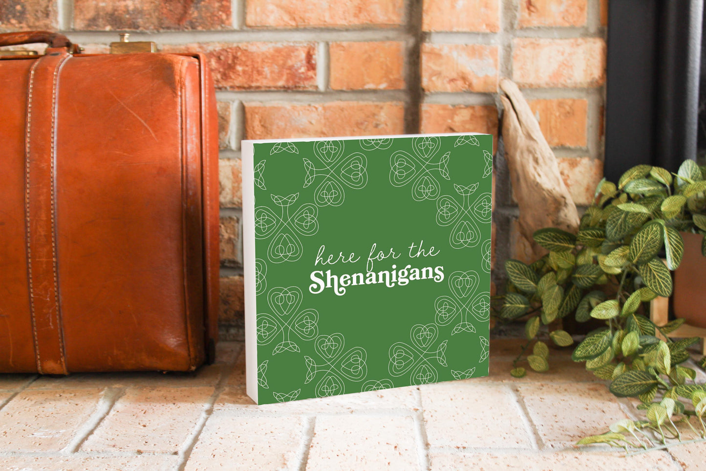 Dark Green Shamrock Here For The Shenanigans | Wood Block | Eaches | Min 2