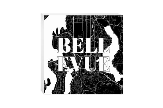 Minimalistic B&W Washington Bellevue Map | Wood Block | Eaches | Min 2