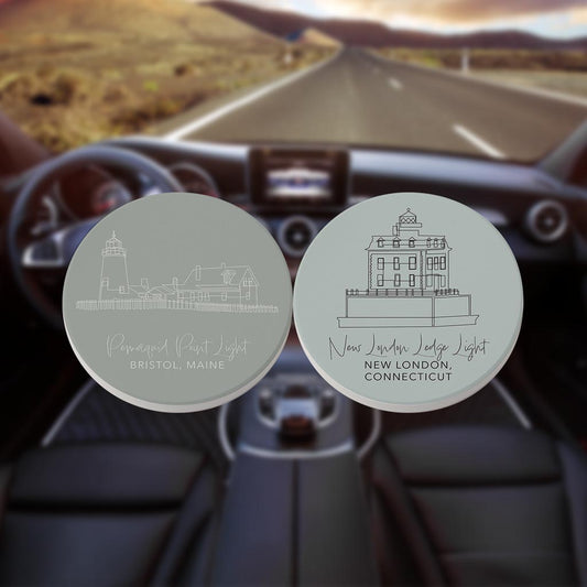 New England Lighthouse Muted Coastal | Absorbent Car Coasters | Set of 2 | Min 4