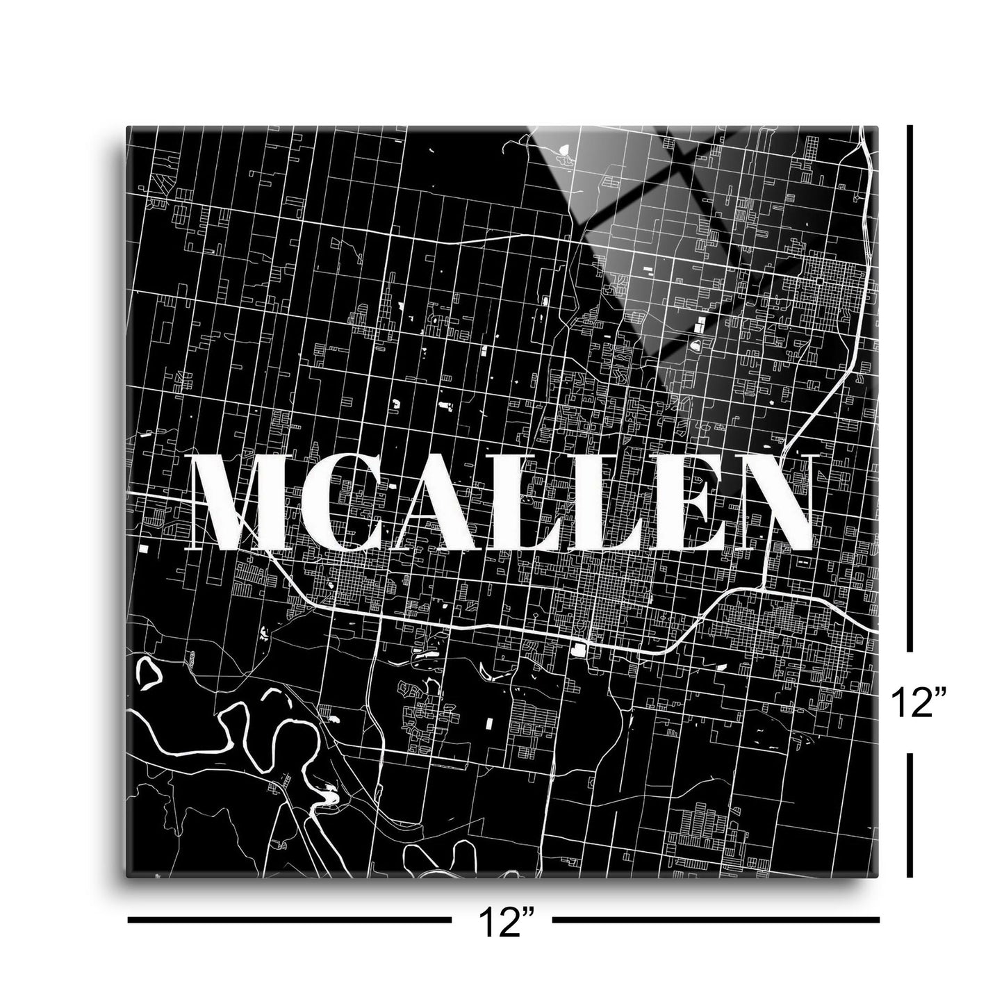 Minimalistic B&W Texas Mcallen Map | Hi-Def Glass Art | Eaches | Min 1