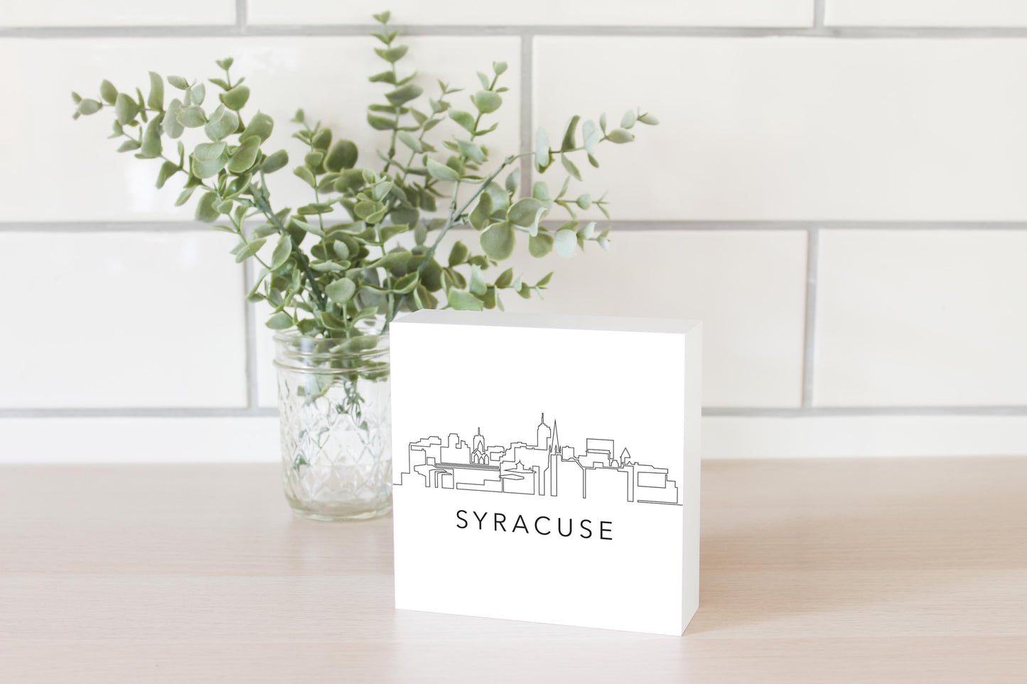 Minimalistic B&W New York Syracuse Skyline | Wood Block | Eaches | Min 4