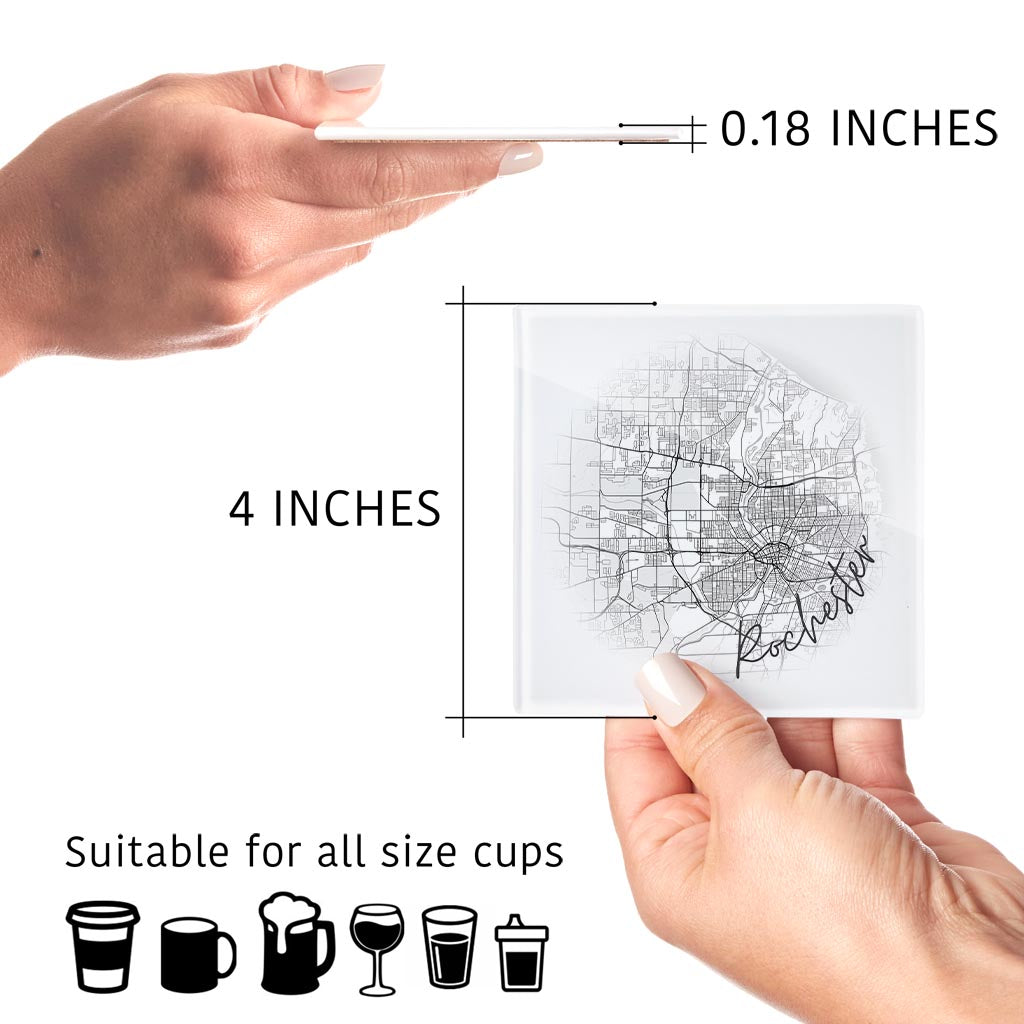 Minimalistic B&W New York Rochester Faded Circle Map | Hi-Def Glass Coasters | Set of 4 | Min 2