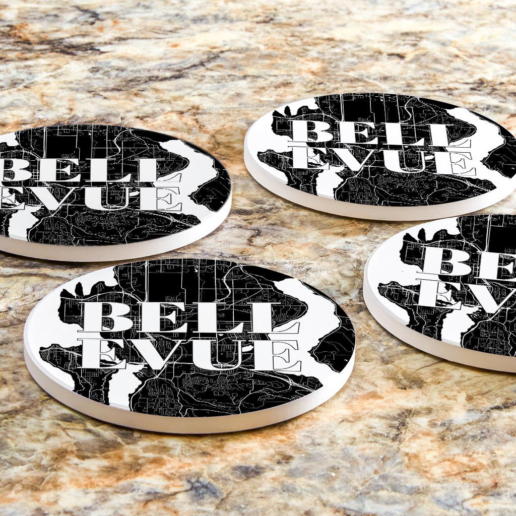 Minimalistic B&W Washington Bellevue Map | Absorbent Coasters | Set of 4 | Min 2