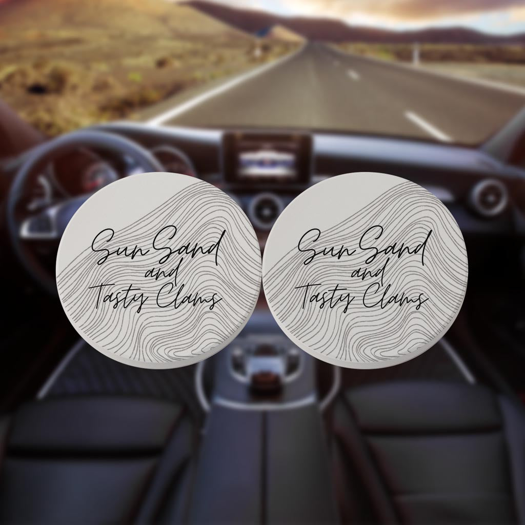 Minimalistic B&W Cape Cod Sun Sand Tasty Clams | Absorbent Car Coasters | Set of 2 | Min 4