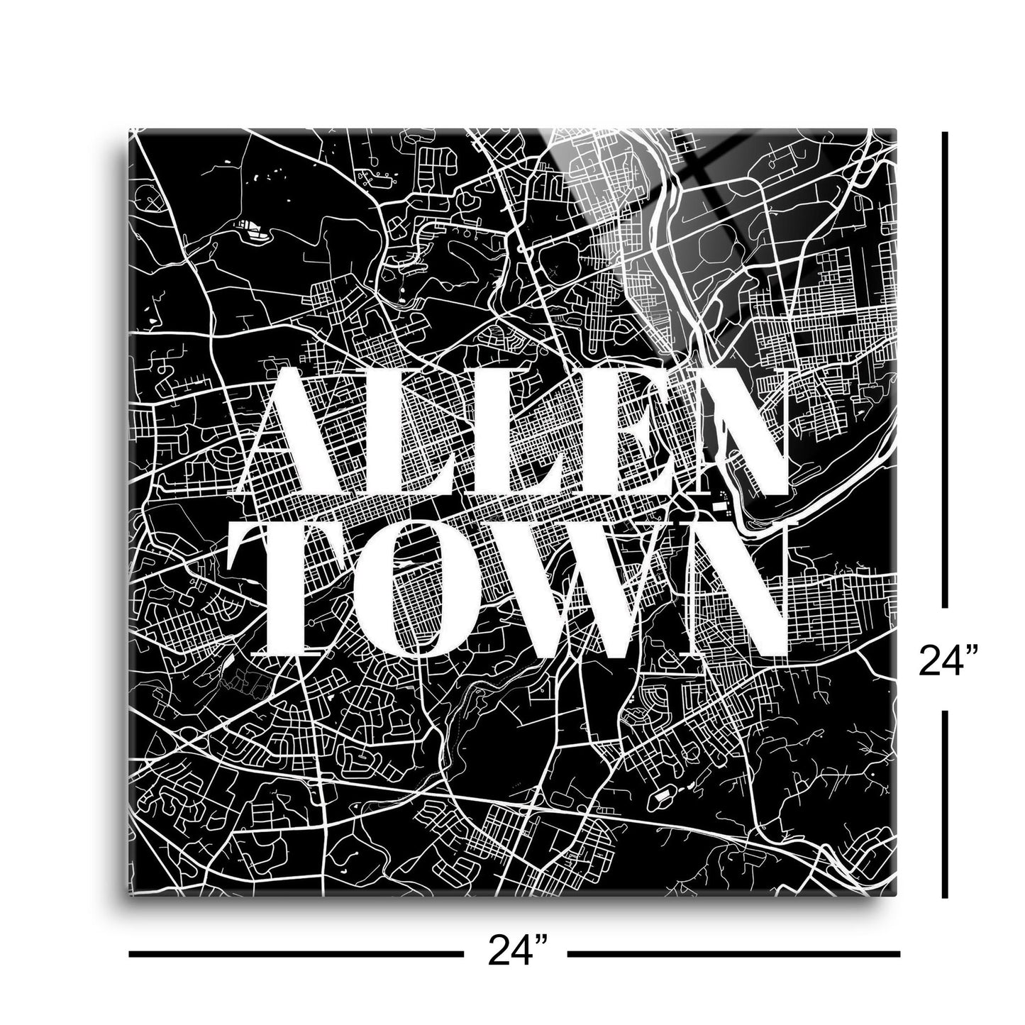 Minimalistic B&W Pennsylvania Allentown Map | Hi-Def Glass Art | Eaches | Min 1